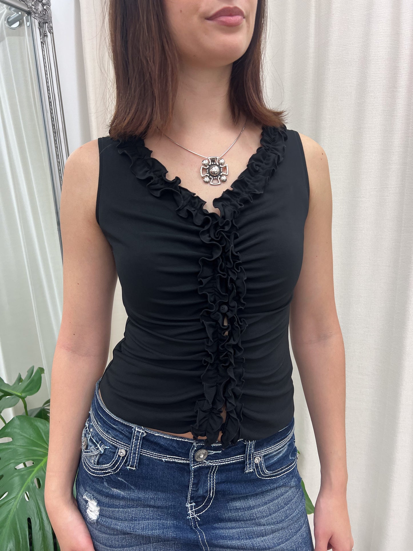 Black Ruffle Tank - Size S