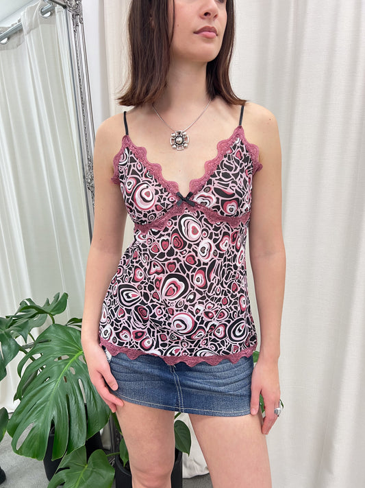 Black & Pink Heart Print Cami Top - Size S/M
