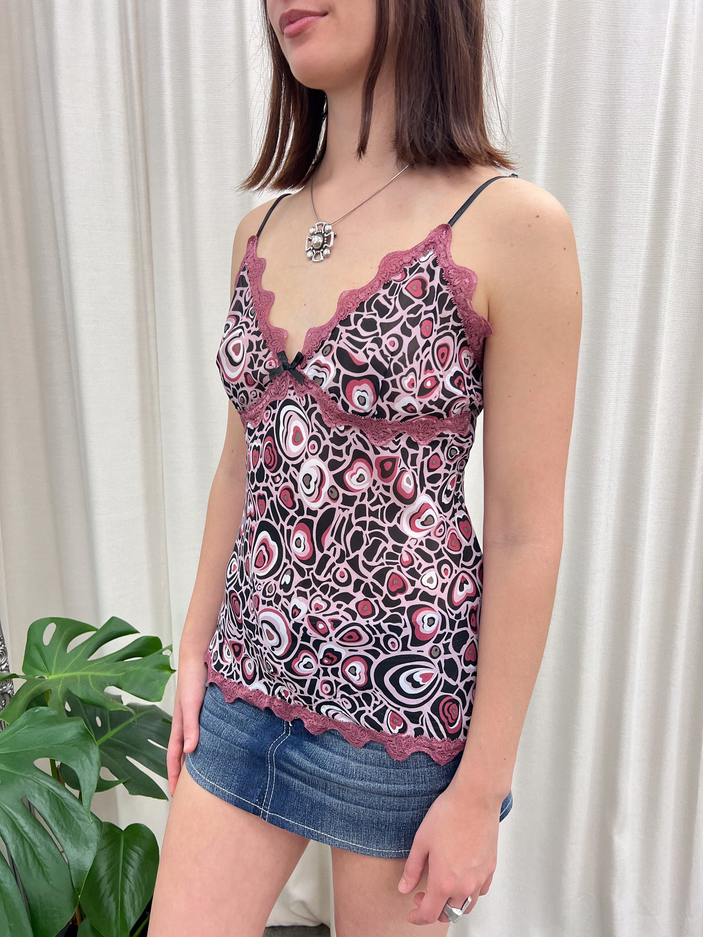 Black & Pink Heart Print Cami Top - Size S/M