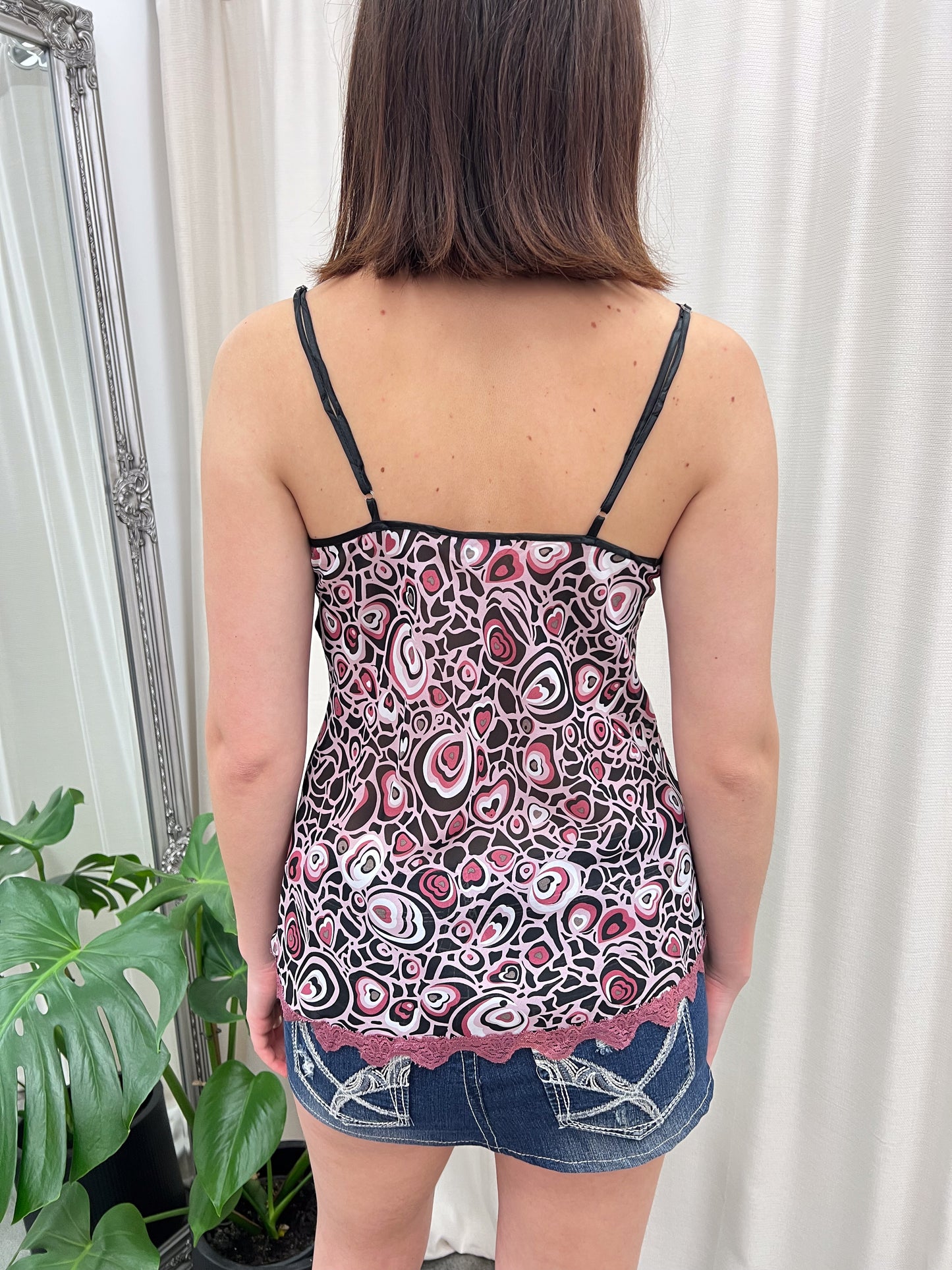 Black & Pink Heart Print Cami Top - Size S/M