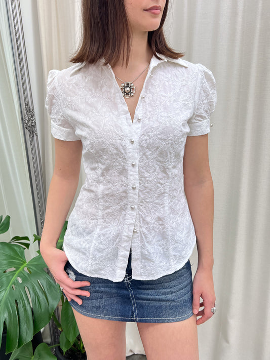 White Short Sleeve Lace Button Up - Size S