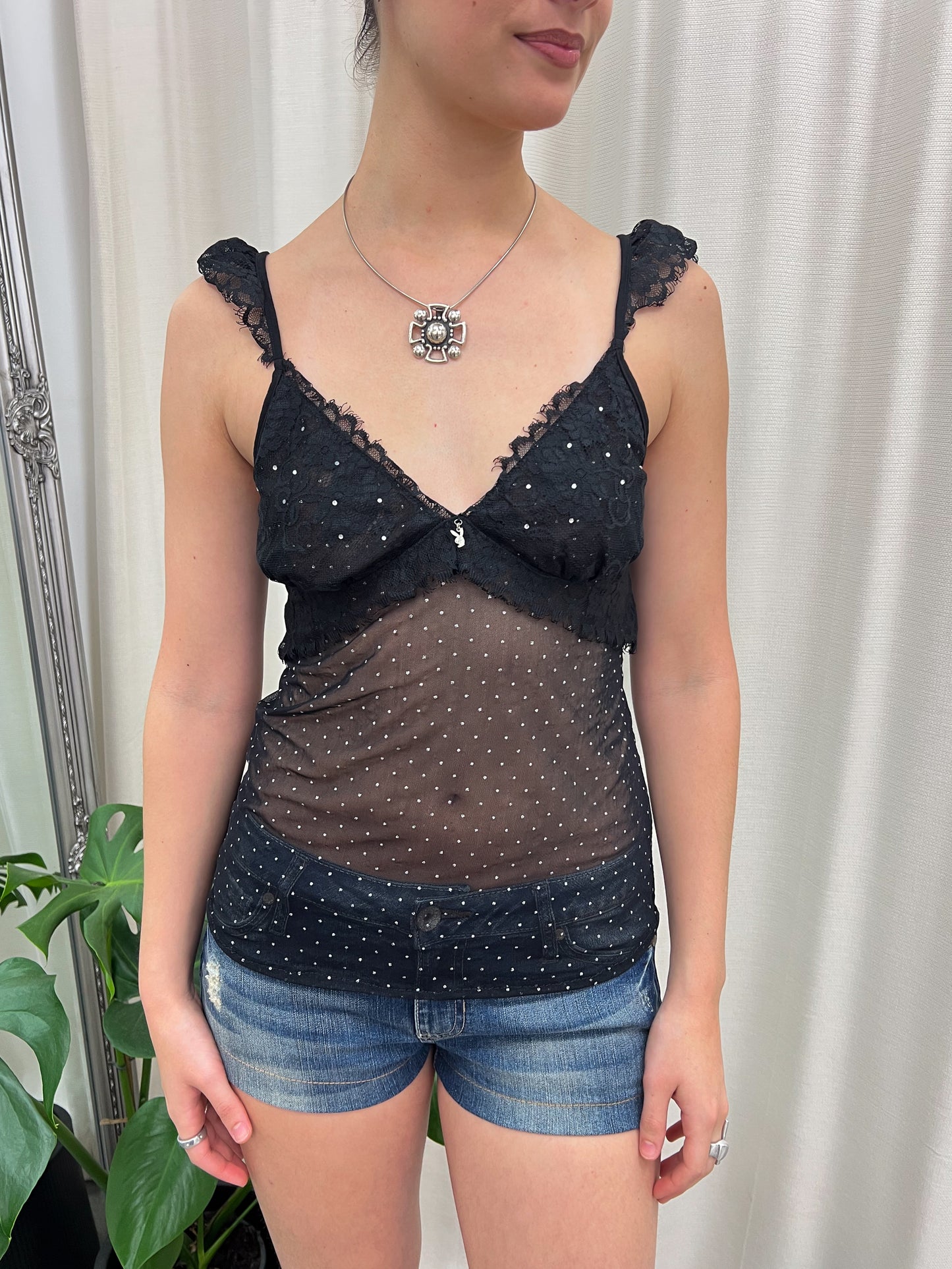 Black Mesh Playboy Cami - Size Medium