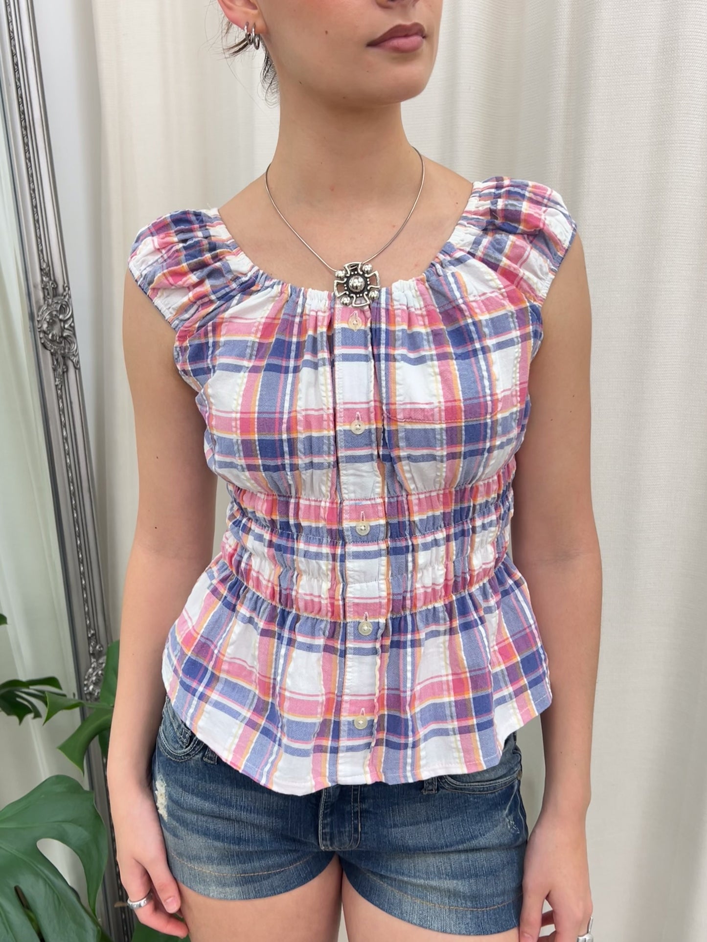 Pink & Blue Plaid Milkmaid Top