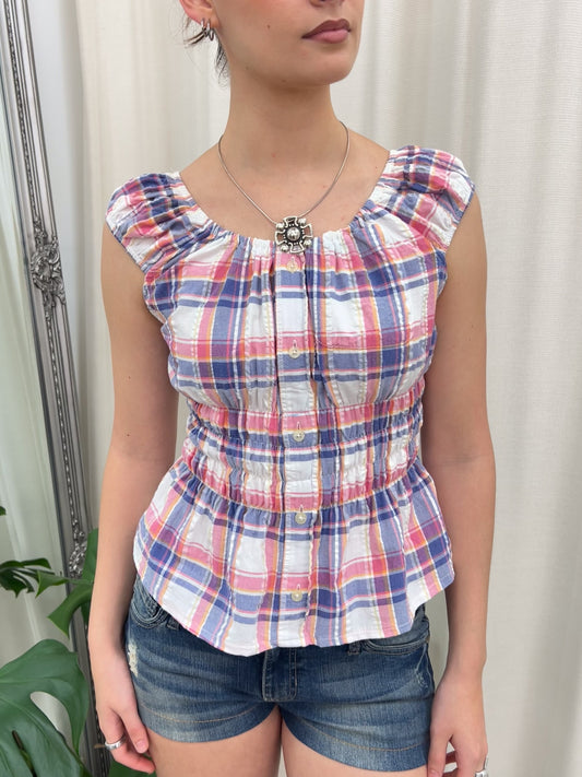 Pink & Blue Plaid Milkmaid Top