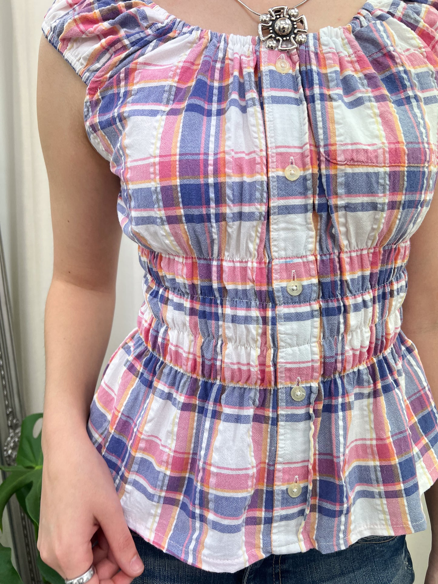 Pink & Blue Plaid Milkmaid Top