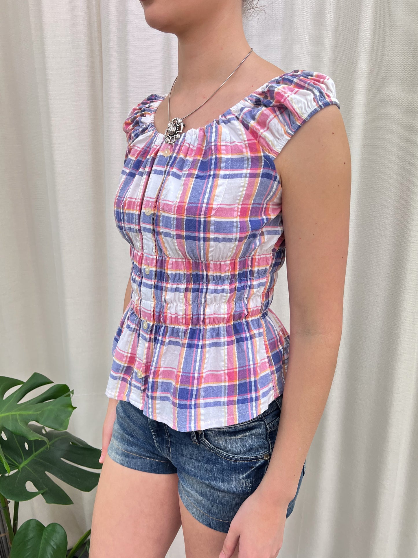 Pink & Blue Plaid Milkmaid Top