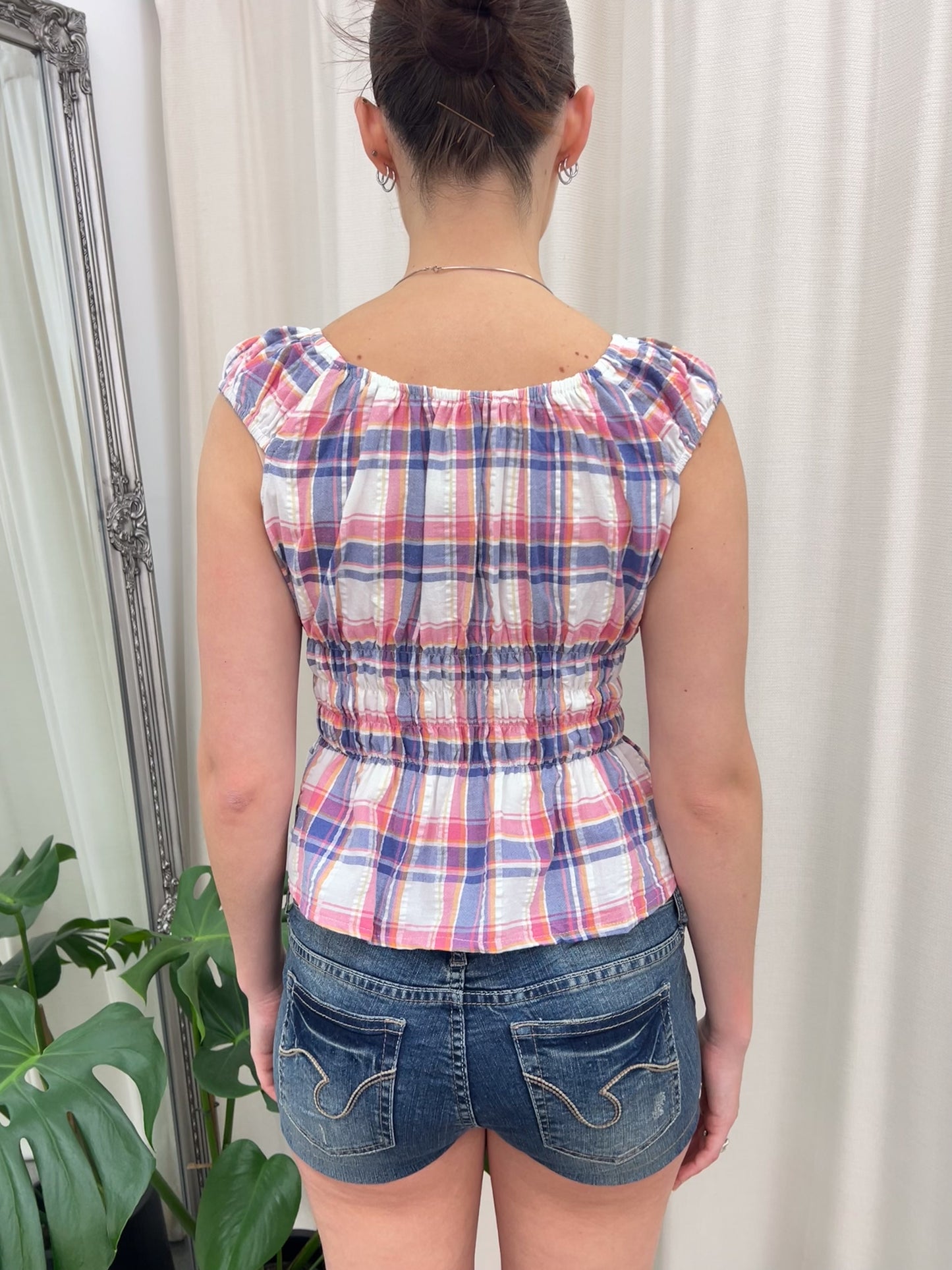 Pink & Blue Plaid Milkmaid Top