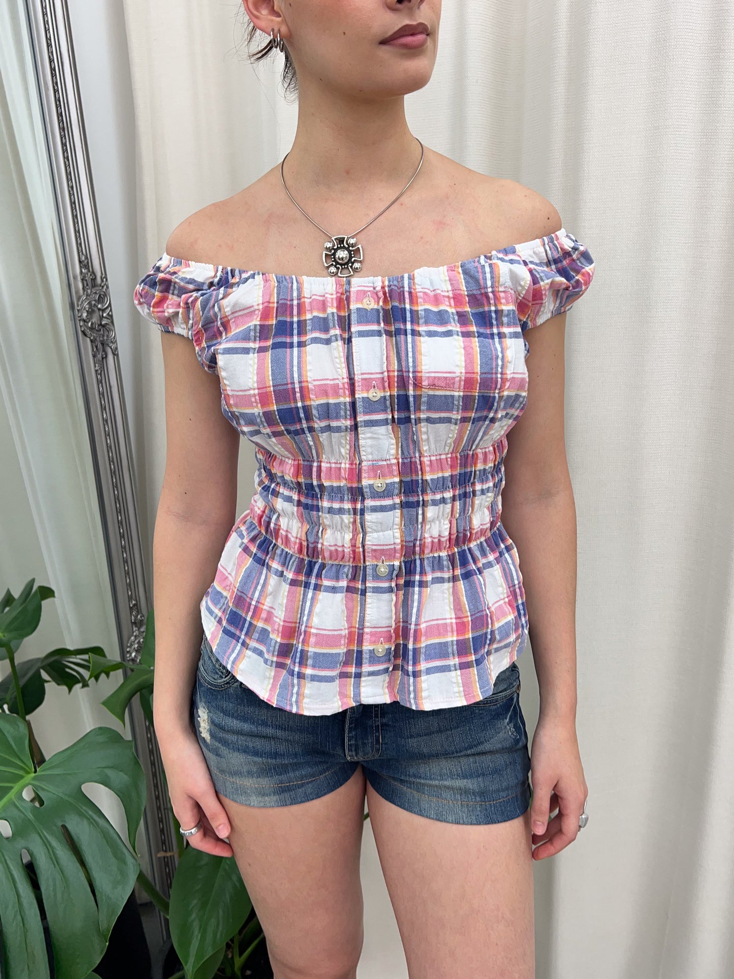 Pink & Blue Plaid Milkmaid Top