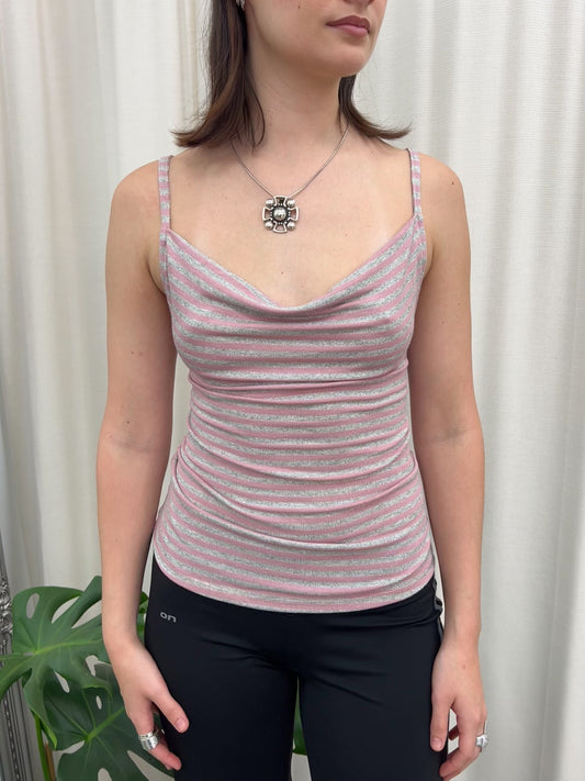 Lola Cowl Neck Top - Pink Grey Stripe